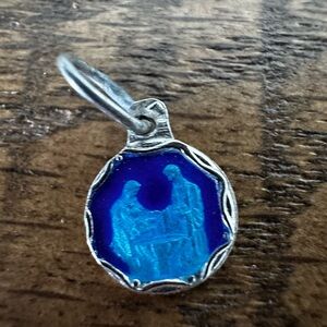 Vintage Blue Enamel Religious Medal – Silver Tone Pendant (Imperfect)